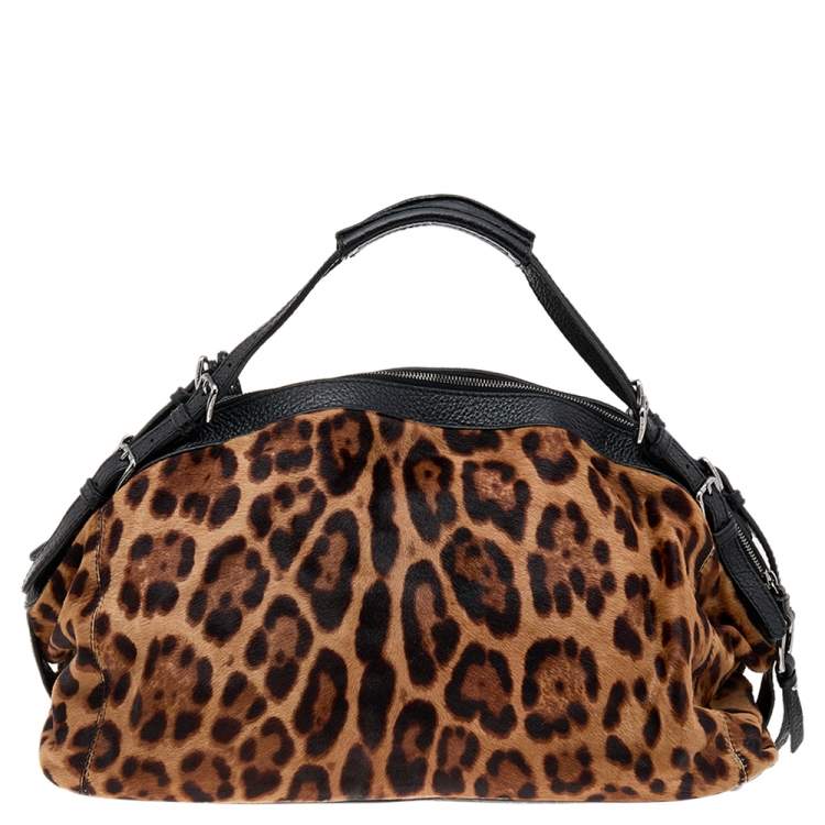 Pre Owned Dolce & Gabbana Black/Beige Leopard Print Calf Hair And Leather Satchel