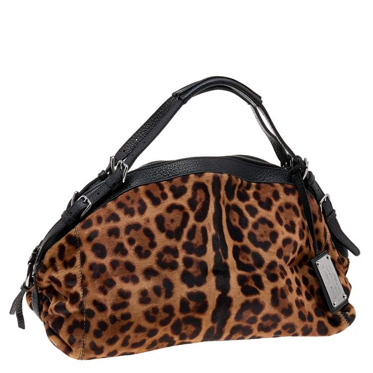 Pre Owned Dolce & Gabbana Black/Beige Leopard Print Calf Hair And Leather Satchel