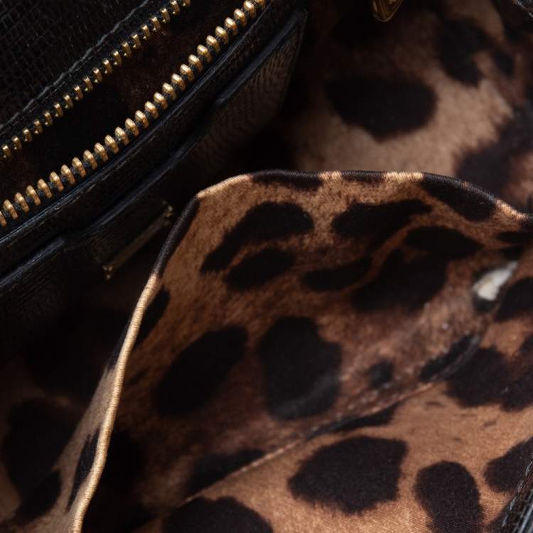 Pre Owned Dolce & Gabbana Choco Black Lizard Embossed Leather Small Miss Monica Top Handle Bag