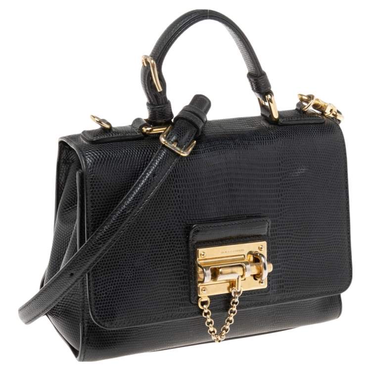 Pre Owned Dolce & Gabbana Choco Black Lizard Embossed Leather Small Miss Monica Top Handle Bag