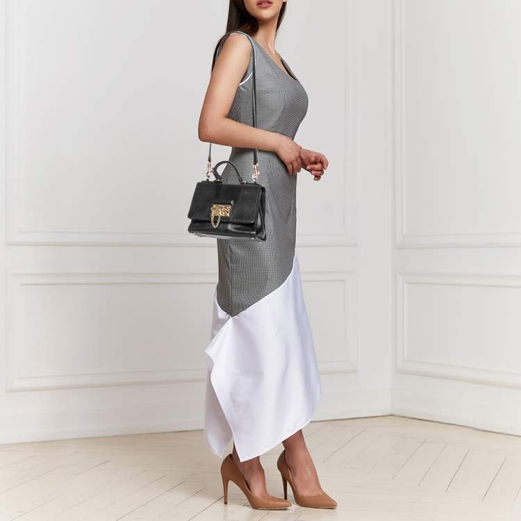 Pre Owned Dolce & Gabbana Choco Black Lizard Embossed Leather Small Miss Monica Top Handle Bag
