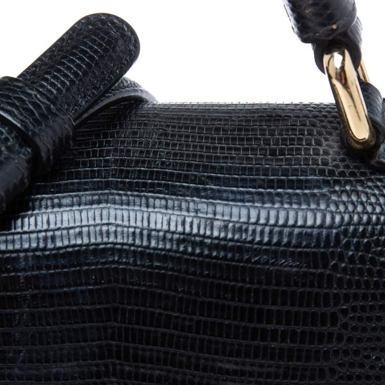 Pre Owned Dolce & Gabbana Choco Black Lizard Embossed Leather Small Miss Monica Top Handle Bag