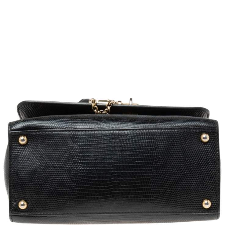 Pre Owned Dolce & Gabbana Choco Black Lizard Embossed Leather Small Miss Monica Top Handle Bag