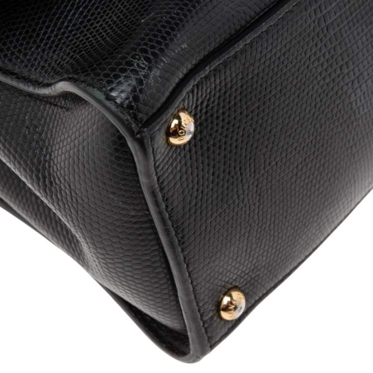 Pre Owned Dolce & Gabbana Choco Black Lizard Embossed Leather Small Miss Monica Top Handle Bag
