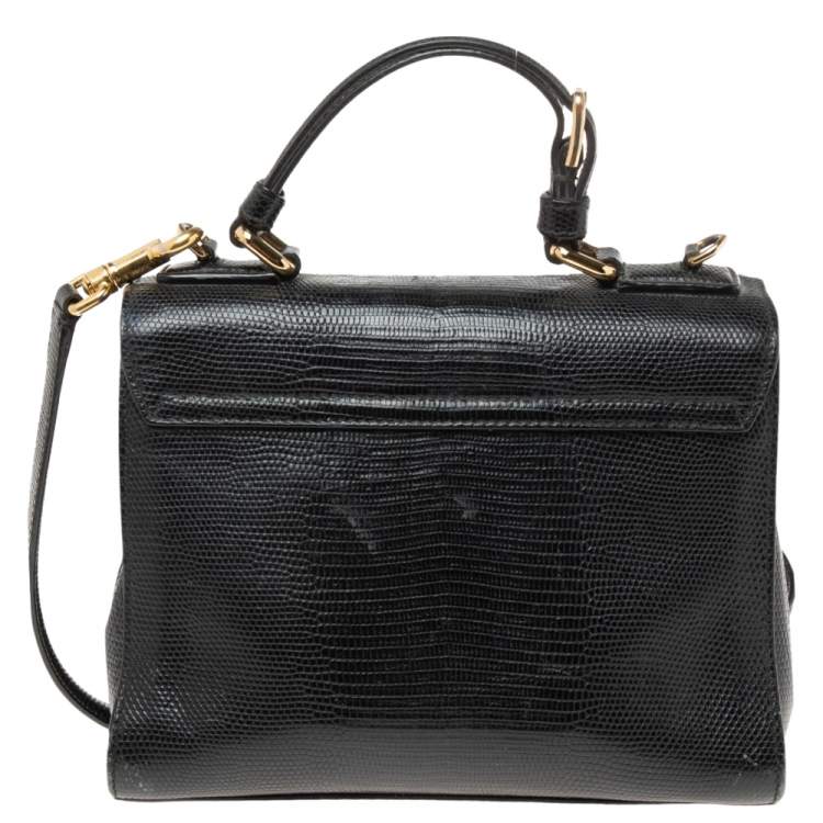 Pre Owned Dolce & Gabbana Choco Black Lizard Embossed Leather Small Miss Monica Top Handle Bag
