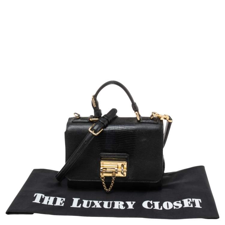 Pre Owned Dolce & Gabbana Choco Black Lizard Embossed Leather Small Miss Monica Top Handle Bag