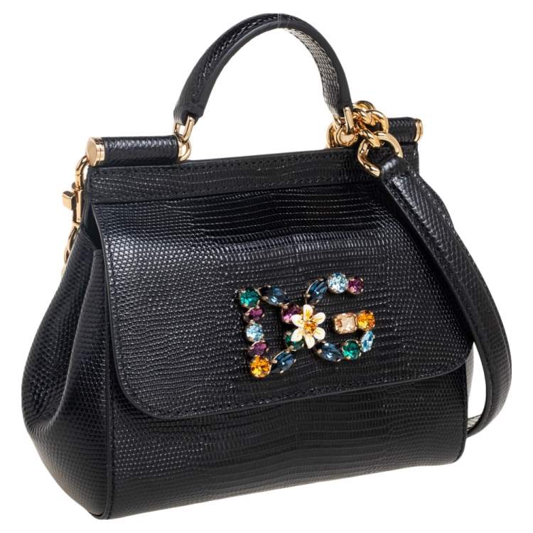 Pre Owned Dolce & Gabbana Black Lizard Embossed Leather Mini Miss Sicily Top Handle Bag