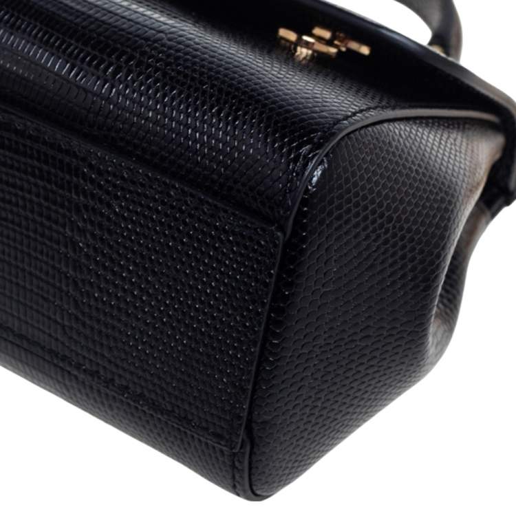 Pre Owned Dolce & Gabbana Black Lizard Embossed Leather Mini Miss Sicily Top Handle Bag