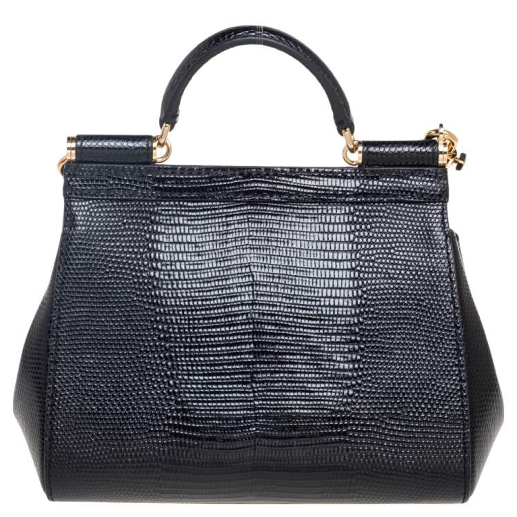 Pre Owned Dolce & Gabbana Black Lizard Embossed Leather Mini Miss Sicily Top Handle Bag