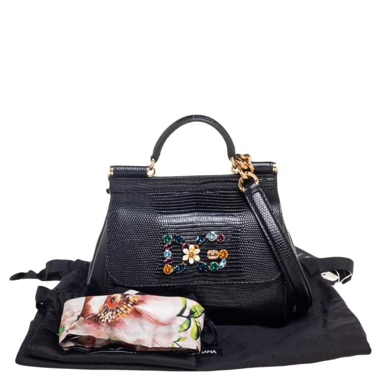 Pre Owned Dolce & Gabbana Black Lizard Embossed Leather Mini Miss Sicily Top Handle Bag