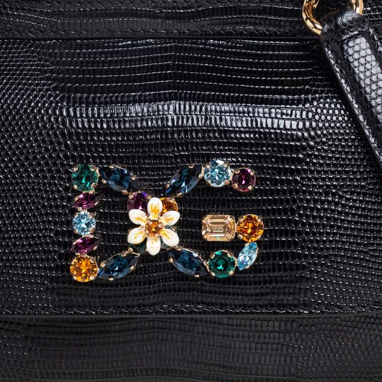 Pre Owned Dolce & Gabbana Black Lizard Embossed Leather Mini Miss Sicily Top Handle Bag