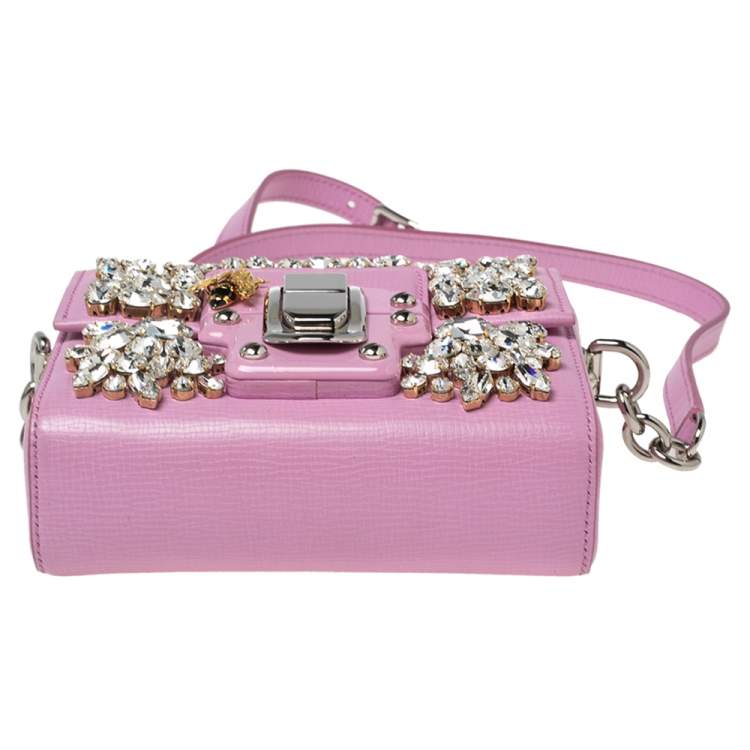 Pre Owned Dolce & Gabbana Pink Leather Lucia Crystals Shoulder Bag 