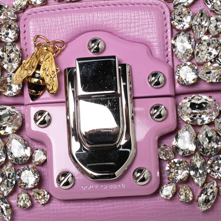 Pre Owned Dolce & Gabbana Pink Leather Lucia Crystals Shoulder Bag 