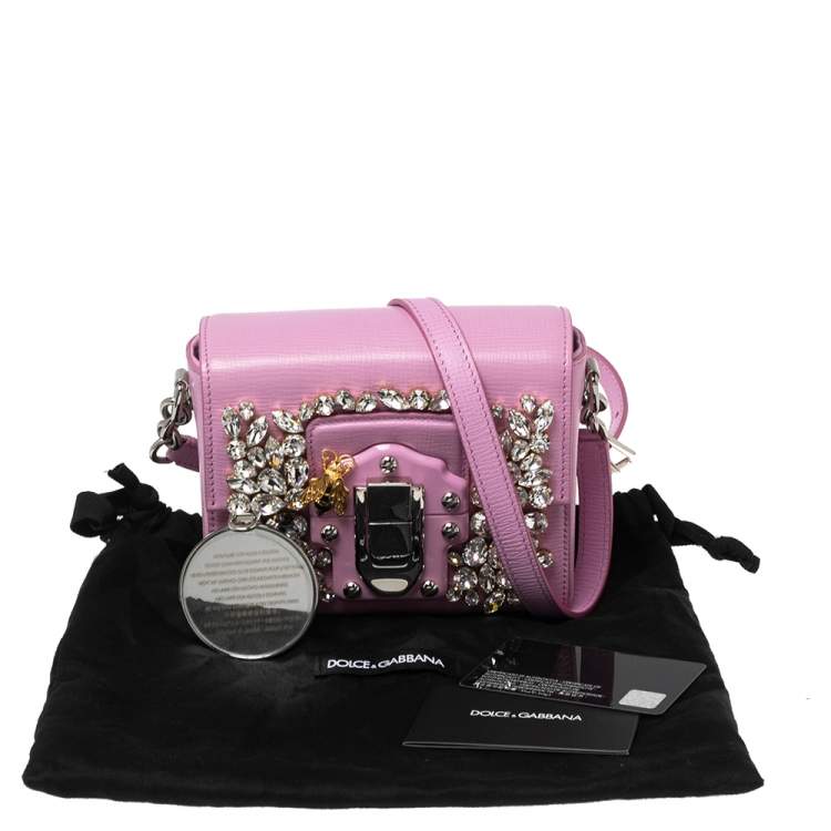 Pre Owned Dolce & Gabbana Pink Leather Lucia Crystals Shoulder Bag 