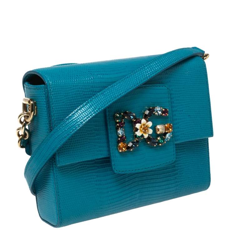 Pre Owned Dolce & Gabbana Blue Lizard Embossed Leather Small DG Millennials Shoulder Bag