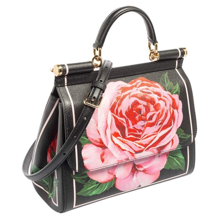 Pre Owned Dolce & Gabbana Black Rose Print Leather Medium Miss Sicily Top Handle Bag