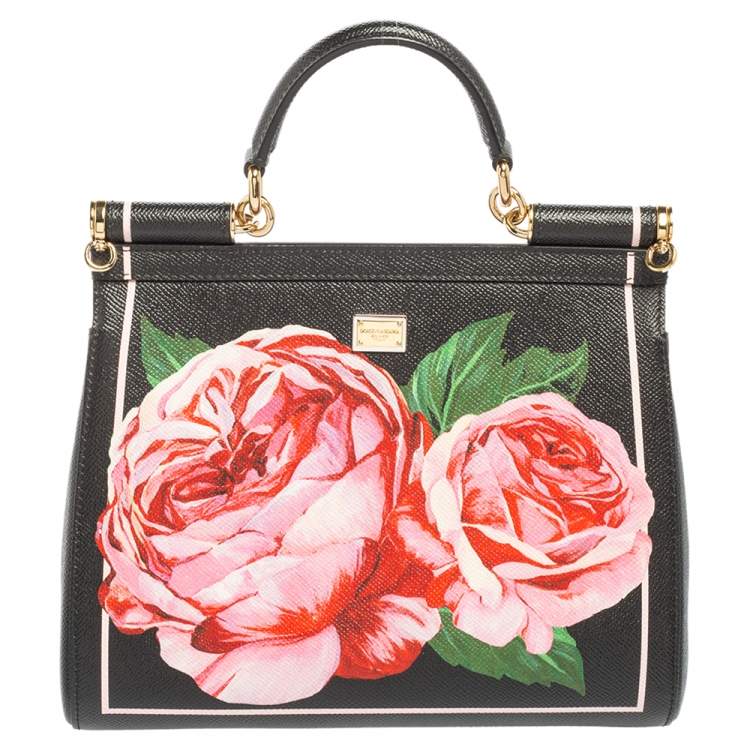 Pre Owned Dolce & Gabbana Black Rose Print Leather Medium Miss Sicily Top Handle Bag