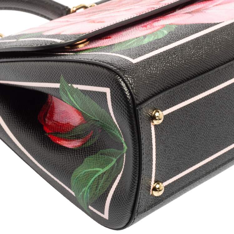 Pre Owned Dolce & Gabbana Black Rose Print Leather Medium Miss Sicily Top Handle Bag