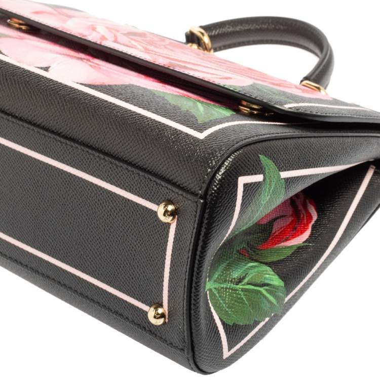Pre Owned Dolce & Gabbana Black Rose Print Leather Medium Miss Sicily Top Handle Bag
