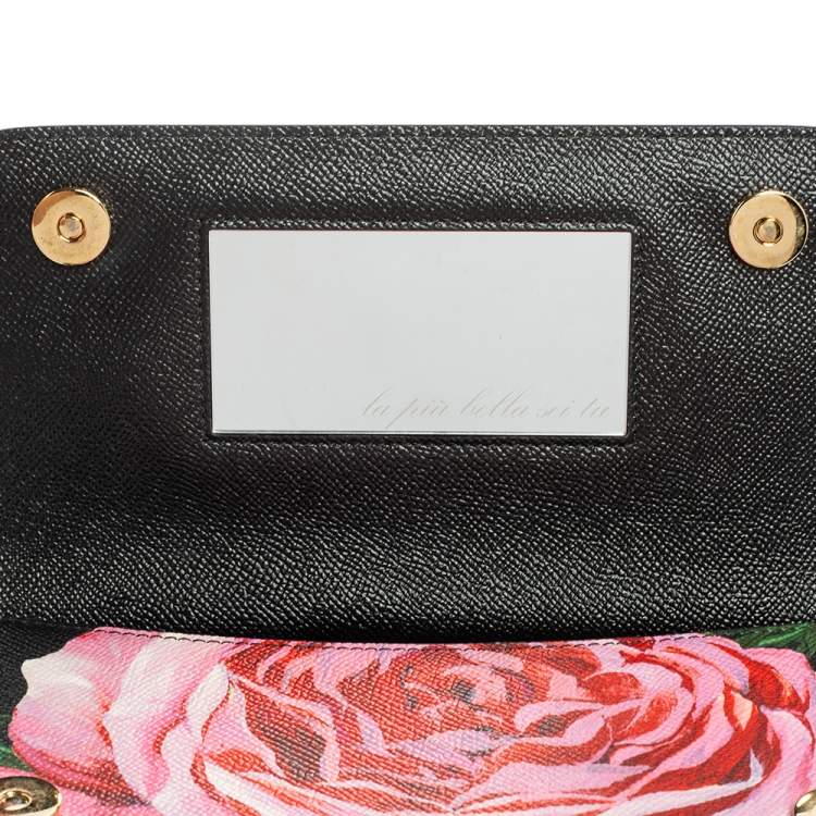 Pre Owned Dolce & Gabbana Black Rose Print Leather Medium Miss Sicily Top Handle Bag