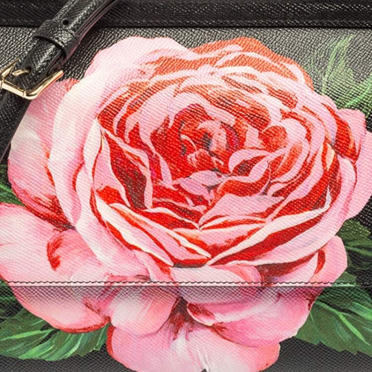 Pre Owned Dolce & Gabbana Black Rose Print Leather Medium Miss Sicily Top Handle Bag
