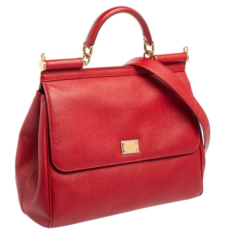 Pre Owned Dolce & Gabbana Red Leather Large Miss Sicily Top Handle Bag