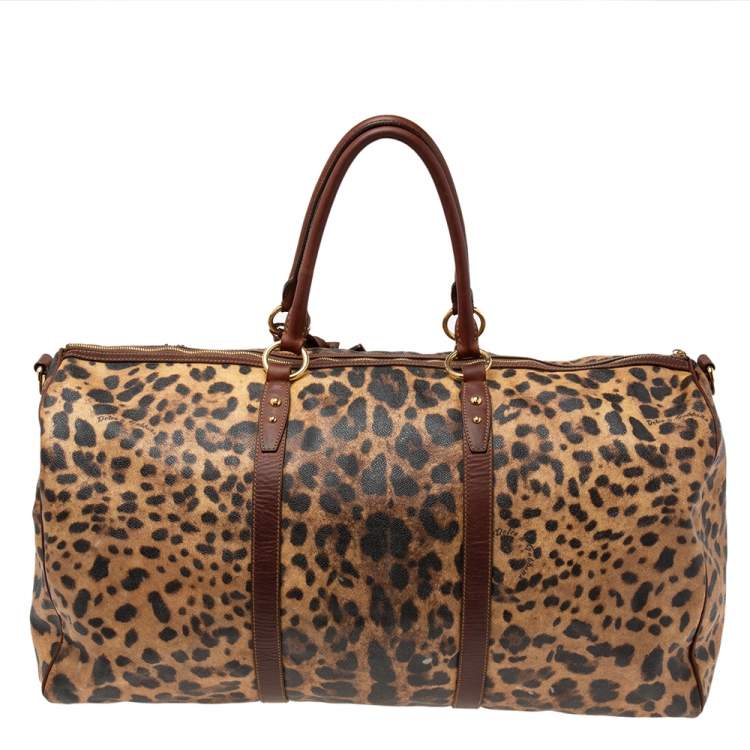 Pre Owned Dolce & Gabbana Brown Leopard Print Coated Canvas and Leather Miss Escape Duffel Bag