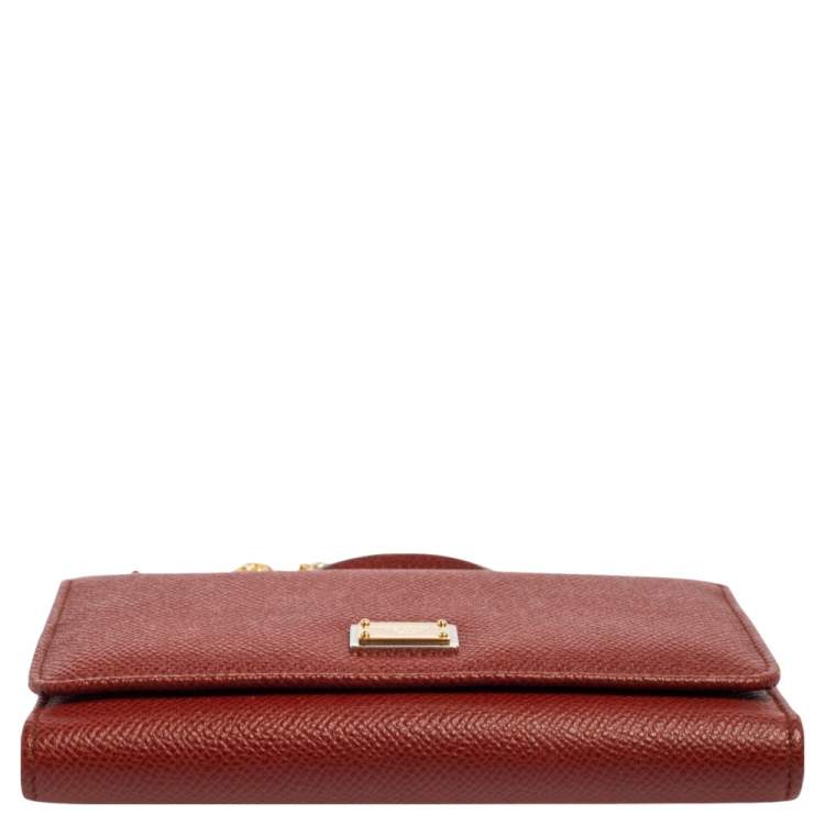 Pre Owned Dolce & Gabbana Brick Red Dauphine Leather Sicily Von Wallet on Chain