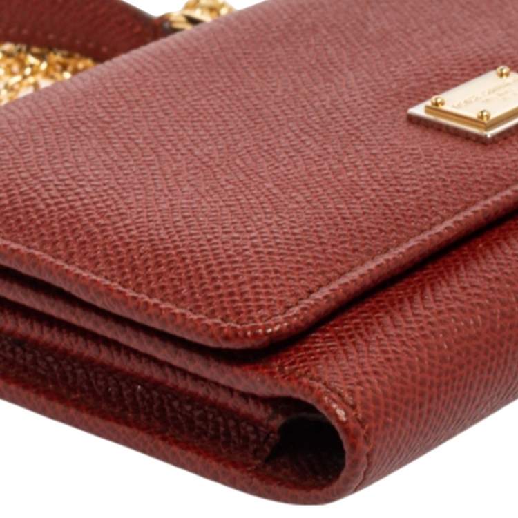 Pre Owned Dolce & Gabbana Brick Red Dauphine Leather Sicily Von Wallet on Chain