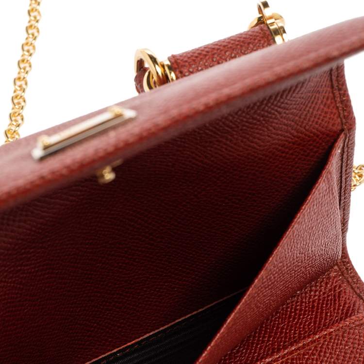 Pre Owned Dolce & Gabbana Brick Red Dauphine Leather Sicily Von Wallet on Chain