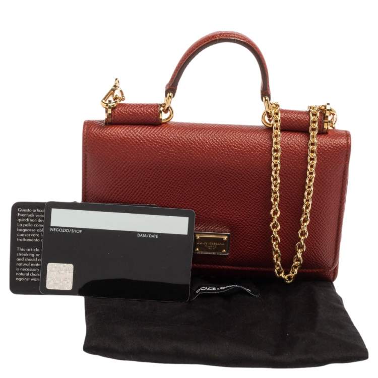 Pre Owned Dolce & Gabbana Brick Red Dauphine Leather Sicily Von Wallet on Chain