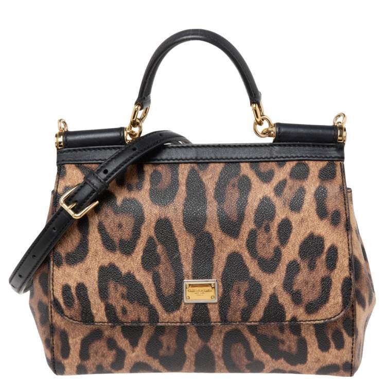Pre Owned Dolce & Gabbana Brown Leopard Print Coated Canvas and Leather Medium Miss Sicily Top Handle Bag