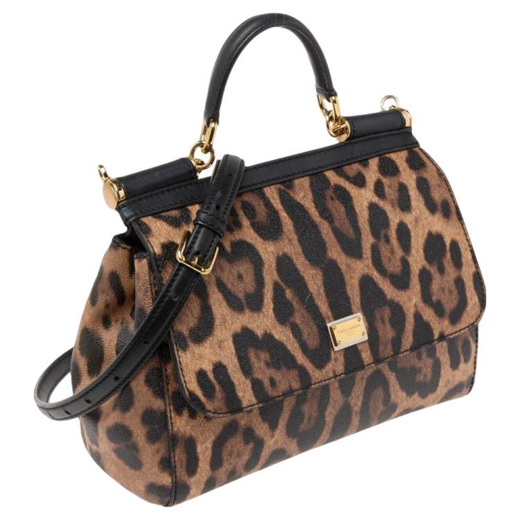 Pre Owned Dolce & Gabbana Brown Leopard Print Coated Canvas and Leather Medium Miss Sicily Top Handle Bag