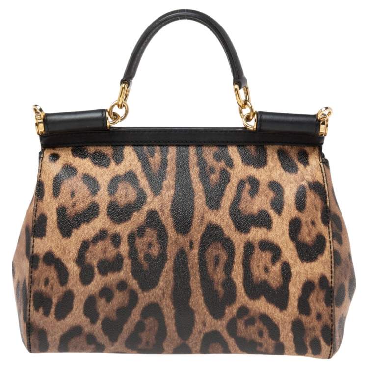 Pre Owned Dolce & Gabbana Brown Leopard Print Coated Canvas and Leather Medium Miss Sicily Top Handle Bag