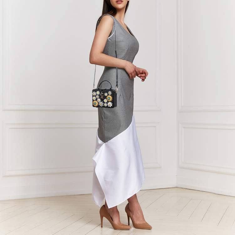 Pre Owned Dolce & Gabbana Black Lizard Embossed Leather Fabric Floral Embellished Dolce Box Bag