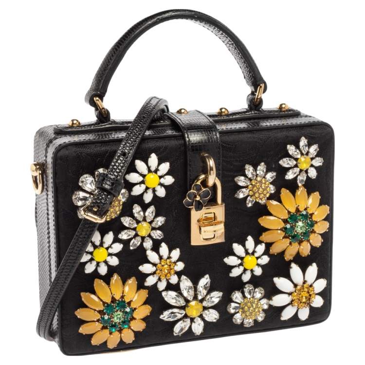 Pre Owned Dolce & Gabbana Black Lizard Embossed Leather Fabric Floral Embellished Dolce Box Bag