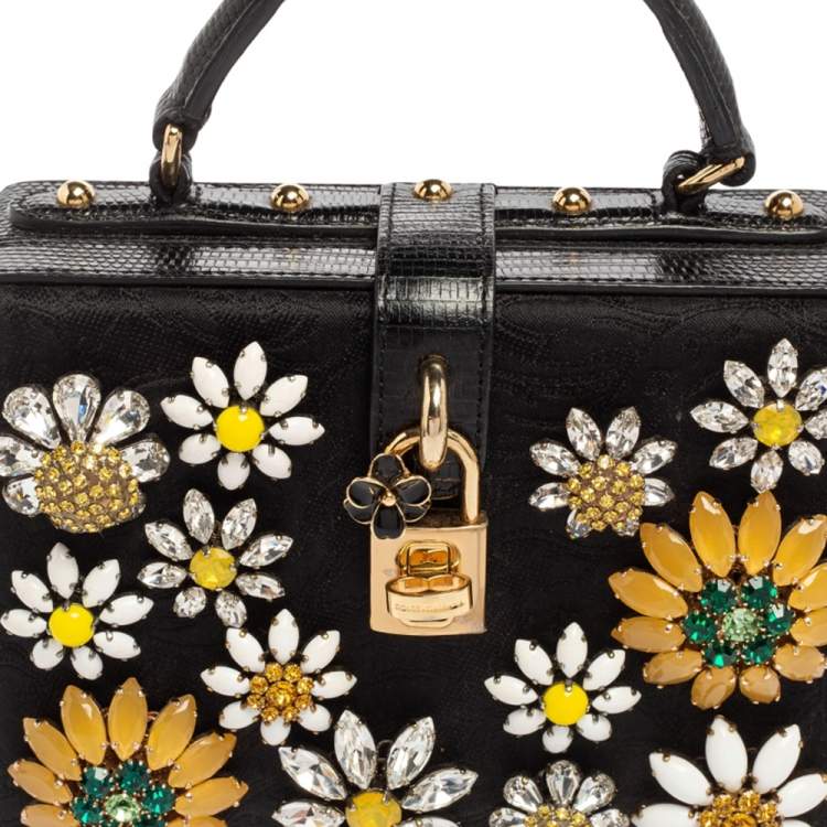 Pre Owned Dolce & Gabbana Black Lizard Embossed Leather Fabric Floral Embellished Dolce Box Bag