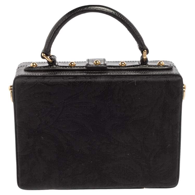 Pre Owned Dolce & Gabbana Black Lizard Embossed Leather Fabric Floral Embellished Dolce Box Bag