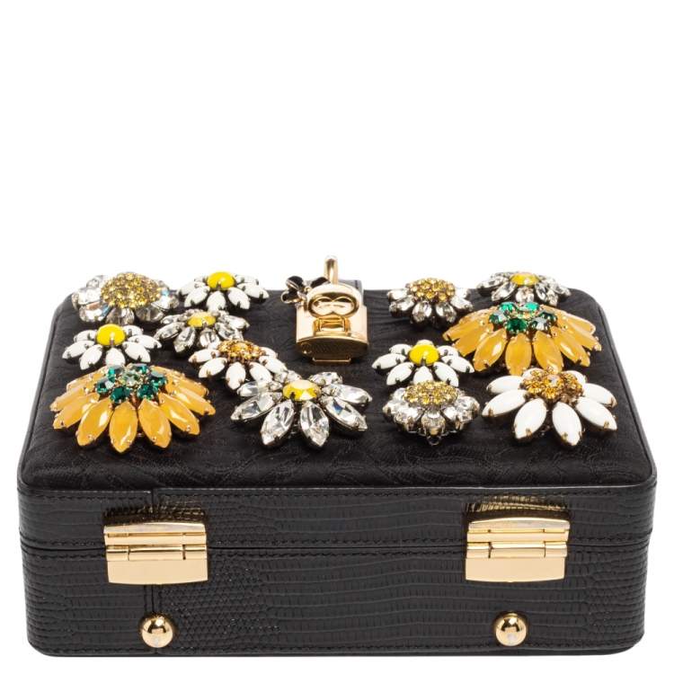 Pre Owned Dolce & Gabbana Black Lizard Embossed Leather Fabric Floral Embellished Dolce Box Bag