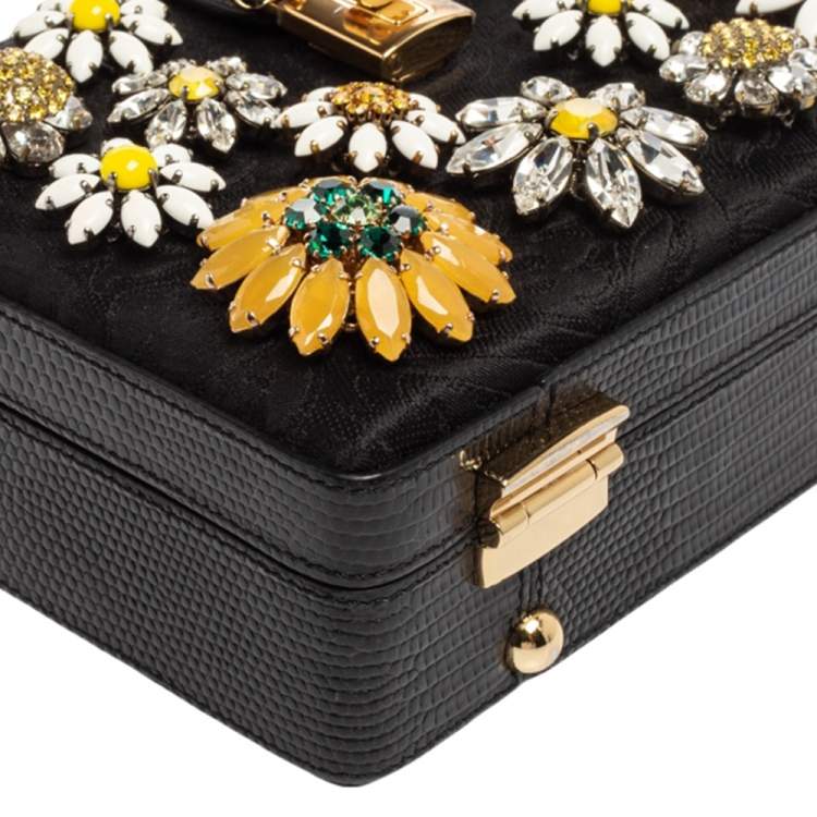 Pre Owned Dolce & Gabbana Black Lizard Embossed Leather Fabric Floral Embellished Dolce Box Bag