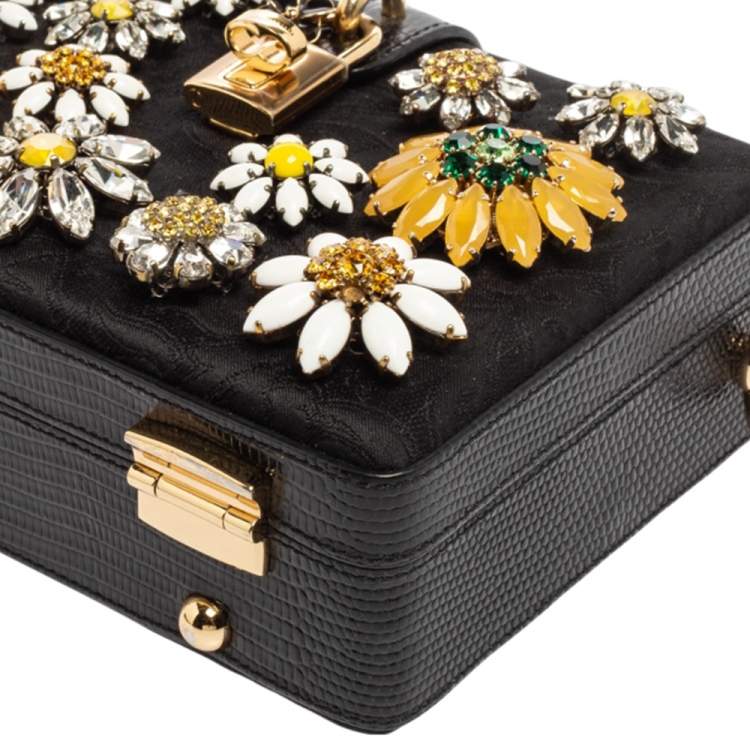 Pre Owned Dolce & Gabbana Black Lizard Embossed Leather Fabric Floral Embellished Dolce Box Bag