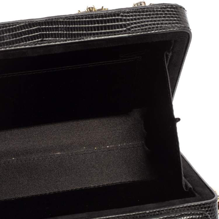 Pre Owned Dolce & Gabbana Black Lizard Embossed Leather Fabric Floral Embellished Dolce Box Bag