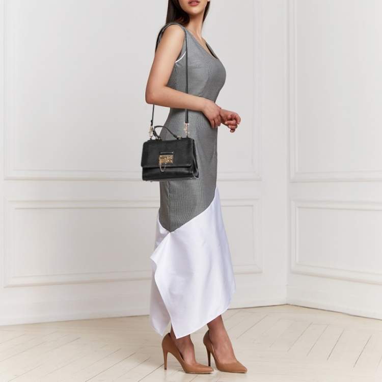 Pre Owned Dolce & Gabbana Black Lizard Embossed Leather Miss Monica Top Handle Bag