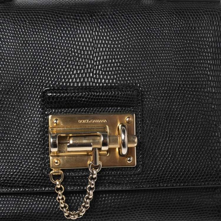 Pre Owned Dolce & Gabbana Black Lizard Embossed Leather Miss Monica Top Handle Bag
