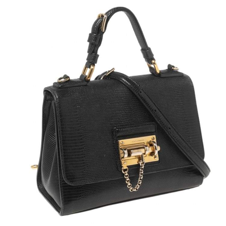 Pre Owned Dolce & Gabbana Black Lizard Embossed Leather Miss Monica Top Handle Bag