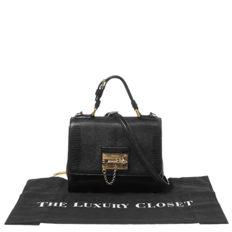 Pre Owned Dolce & Gabbana Black Lizard Embossed Leather Miss Monica Top Handle Bag