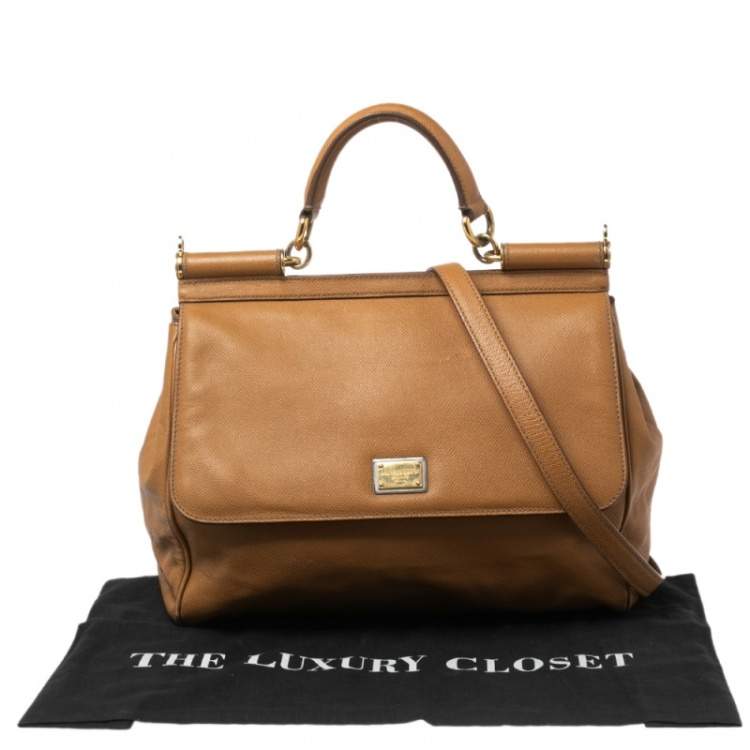 Pre Owned Dolce & Gabbana Light Brown Leather Large Miss Sicily Top Handle Bag
