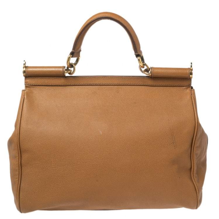 Pre Owned Dolce & Gabbana Light Brown Leather Large Miss Sicily Top Handle Bag
