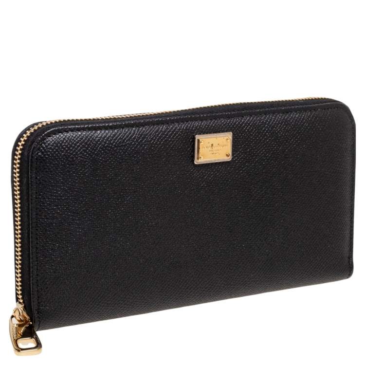 Pre Owned Dolce & Gabbana Black Leather Zip Around Continental Wallet