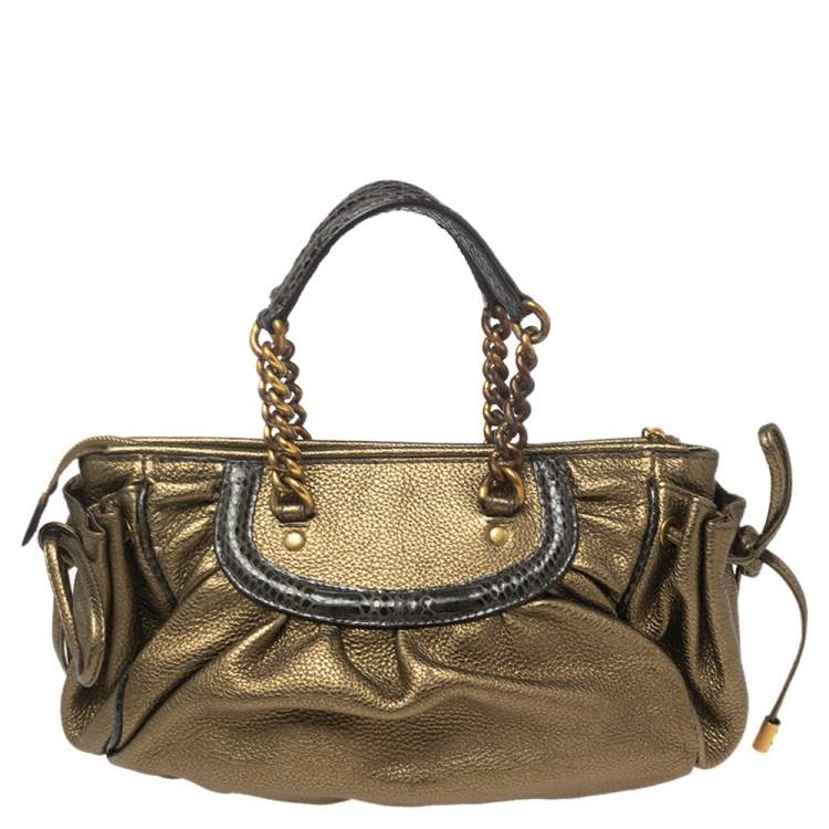 Pre Owned Dolce & Gabbana Metallic Olive Green Leather Tassel Satchel 